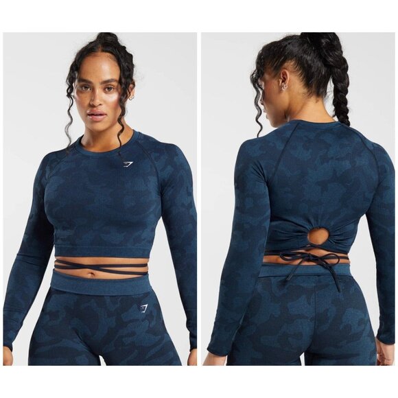Gymshark Women's Blue Adapt Camouflage Seamless‎ Long Sleeve Crop Top Size S - Picture 2 of 13